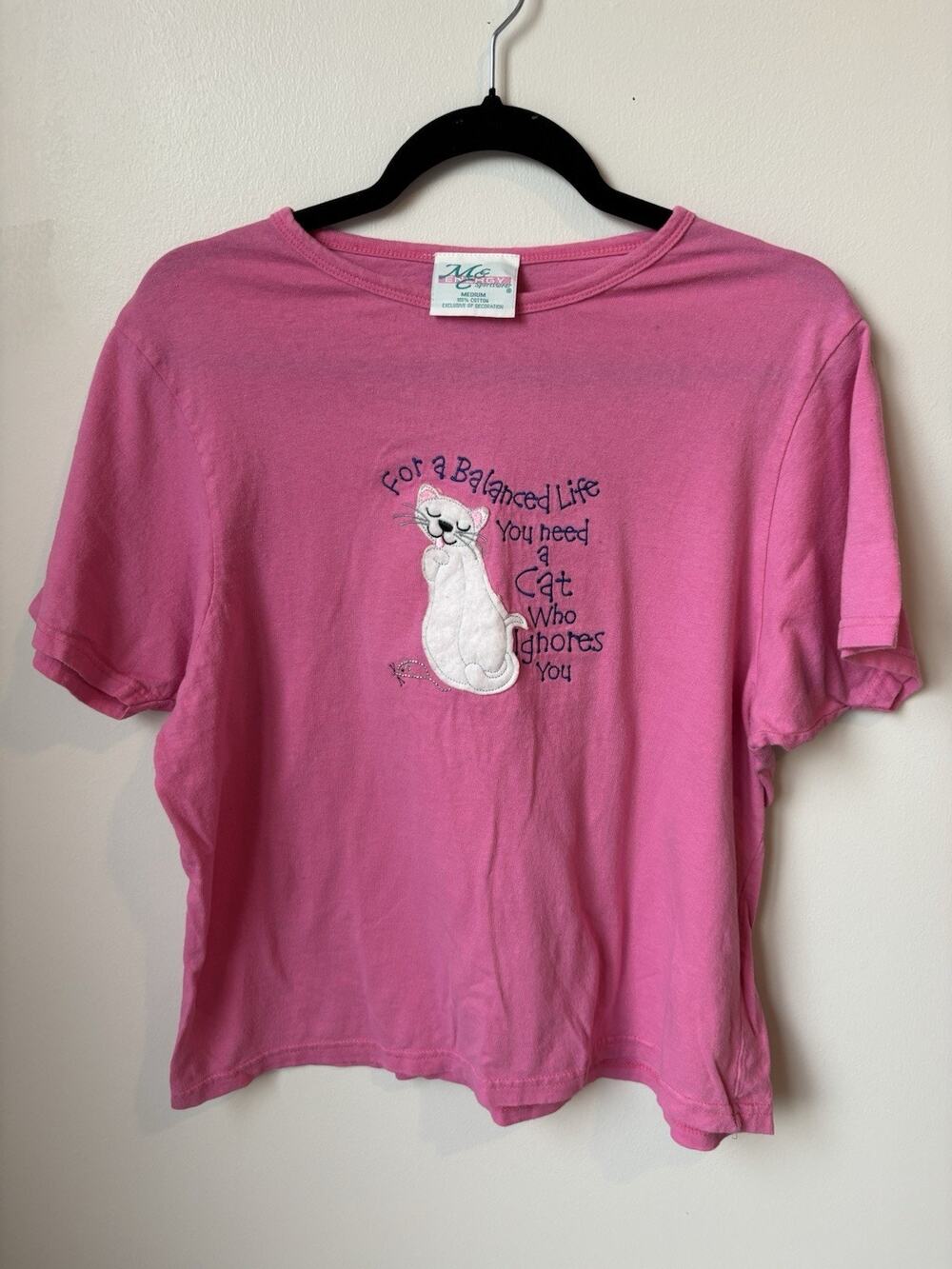 Vintage Pink Cat T Shirt Women Size Medium 100% Cotton
